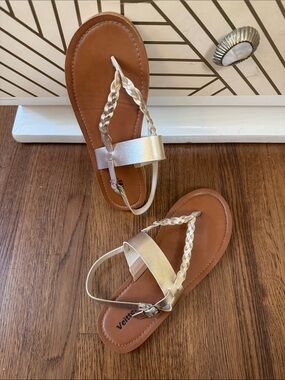 Vegan Metallic Gold Braided Thong Slingback Flat Sandals 10